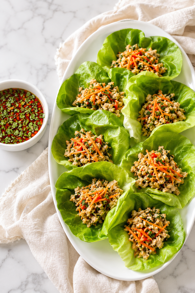 Thai chicken lettuce wraps served on a white oval platter with crisp butter lettuce, savory ground chicken filling, and a homemade Thai dipping sauce on a marble countertop.