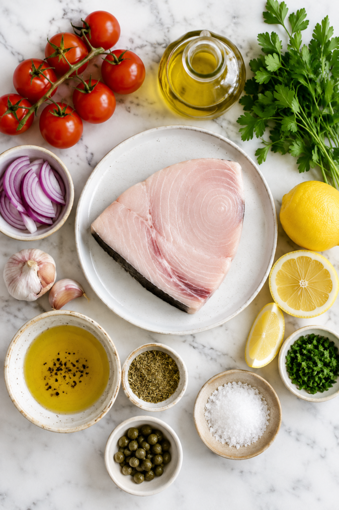 Flat lay of ingredients for Sicilian style grilled swordfish including swordfish steak, olive oil, lemon, garlic, parsley, capers, oregano, tomatoes, red onion, salt, and pepper on a white marble countertop.