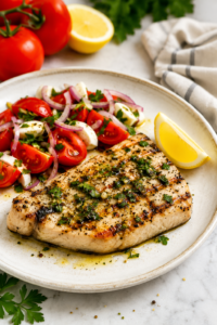Sicilian style grilled swordfish topped with garlic herb olive oil and served with fresh tomato and red onion salad on a white plate.