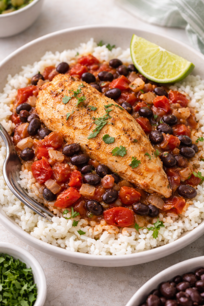 Southwestern chicken with black beans served over white rice with tomatoes, onions, and fresh lime