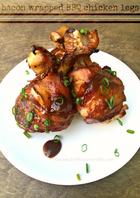 Everything tastes better wrapped in bacon and that includes these delicious BBQ chicken legs via www.firsthomelovelife.com