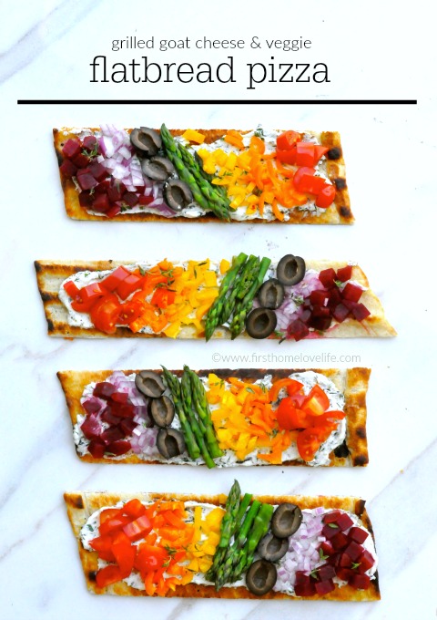 Grilled Goat Cheese and Rainbow Veggie Flatbread Pizza! Look at all those beautiful colors! via www.firsthomelovelife.com