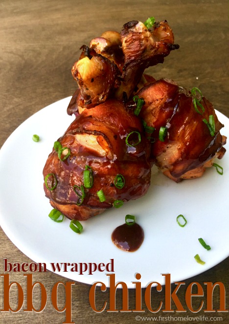 bacon wrapped bbq chicken legs via www.firsthomelovelife.com