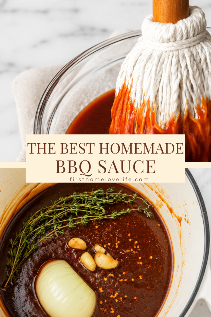 Pinterest pin featuring homemade BBQ sauce in a glass bowl and simmering in a Dutch oven with garlic, onion, thyme, and spices.
