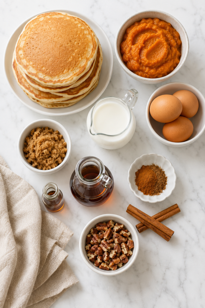 Overhead flat lay of ingredients for cinnamon pumpkin pancake cake including pancakes, pumpkin puree, eggs, half-and-half, maple syrup, brown sugar, cinnamon, and pecans