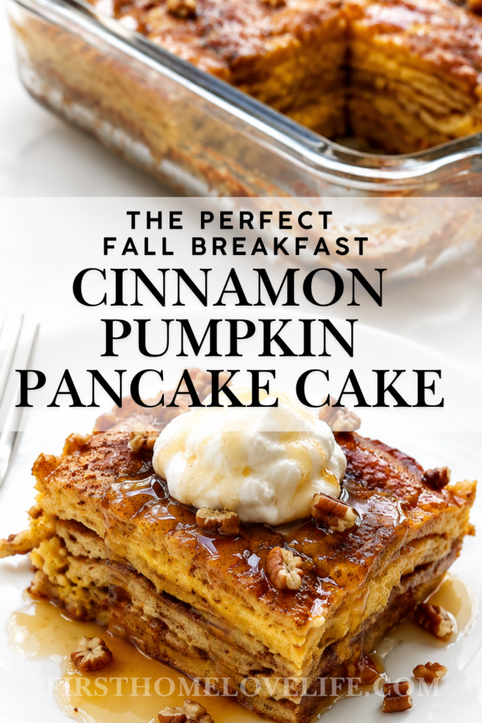 Cinnamon pumpkin pancake cake topped with whipped cream, maple syrup, and pecans on a white plate