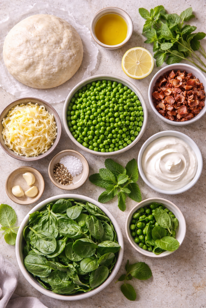 Flat lay of ingredients for creamed pea, mint and bacon flatbread including pizza dough, peas, fresh mint, bacon, Gruyère cheese, spinach, garlic, olive oil, and sour cream.