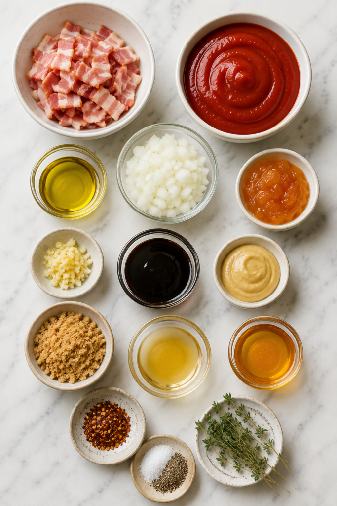 Flat lay of homemade BBQ sauce ingredients including bacon, ketchup, onion, garlic, molasses, honey, brown sugar, Dijon mustard, apple cider vinegar, thyme, and spices on a white marble countertop.