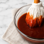 Homemade BBQ sauce in a glass bowl with a basting brush on a white marble countertop and neutral linen cloth.