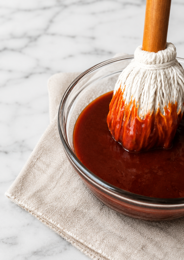 Homemade BBQ sauce in a glass bowl with a basting brush on a white marble countertop and neutral linen cloth.
