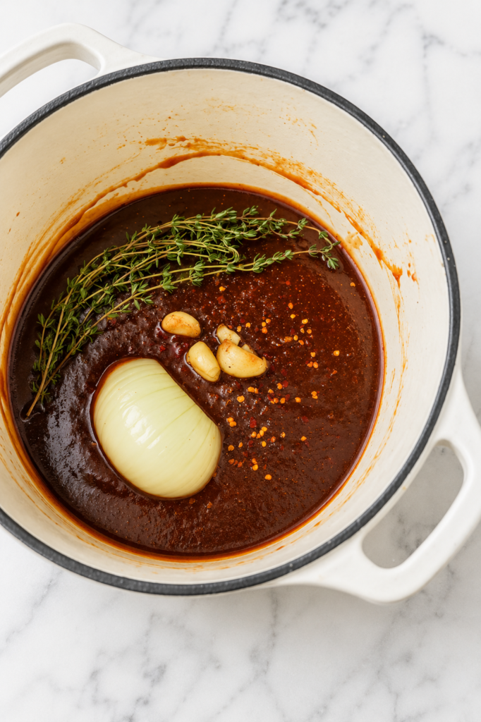 Homemade BBQ sauce simmering in a Dutch oven with onion, garlic, fresh thyme, and red pepper flakes.