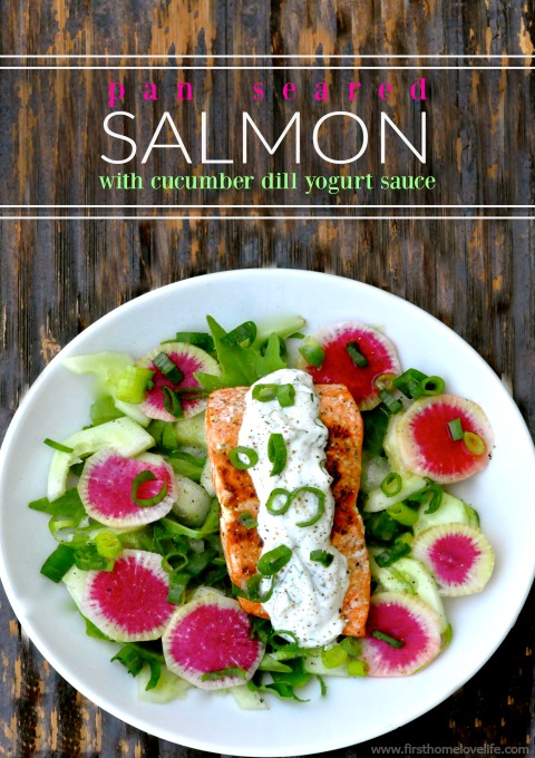 pan seared Salmon salad with creamy cucumber dill yogurt sauce