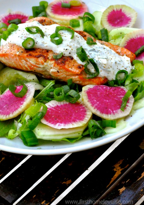 perfect salmon salad recipe with watermelon radish and cucumber via firsthomelovelife.com