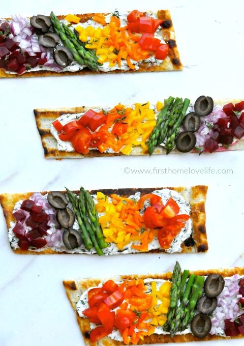 pretty rainbow veggie flatbread pizzas via www.firsthomelovelife.com