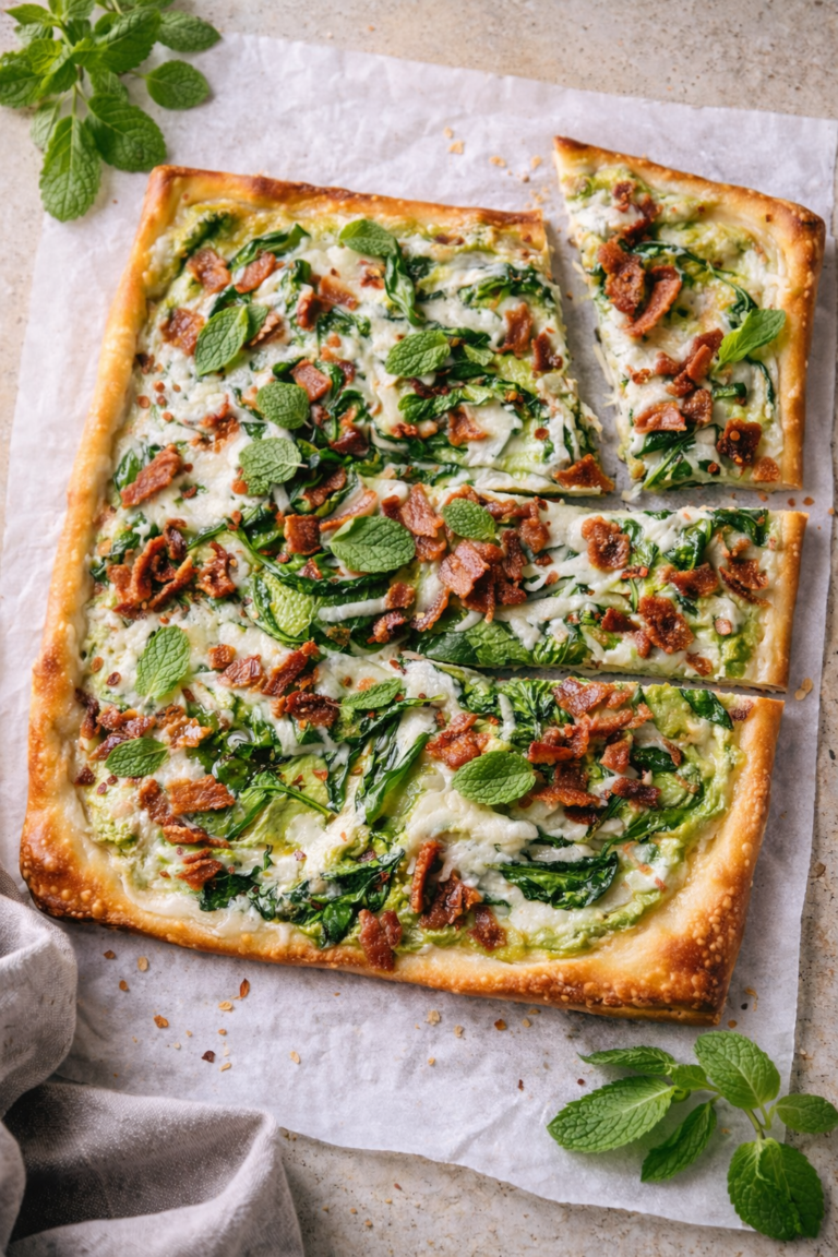 Spring pea and bacon flatbread with creamy pea mint sauce, melted Gruyère cheese, crispy bacon, and fresh mint on a golden rectangular crust.
