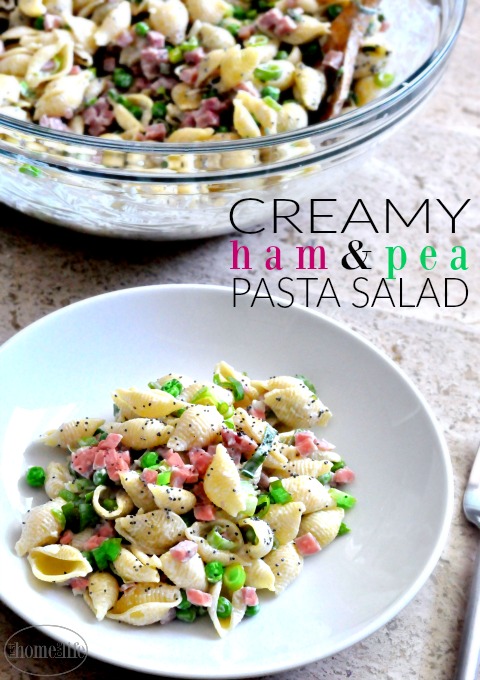 The perfect summer side dish with only 6 ingredients! Creamy ham and pea pasta will be your new party favorite! via www.firsthomelovelife.com