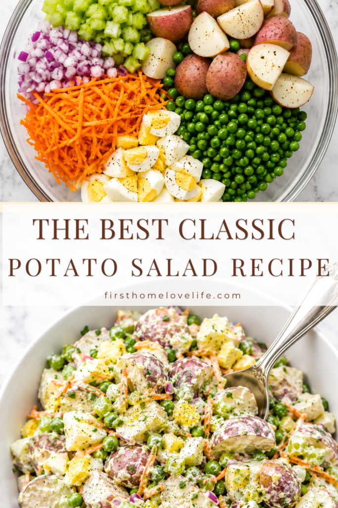 Classic potato salad made with red potatoes, eggs, peas, carrots, celery, and red onion in a creamy dressing.