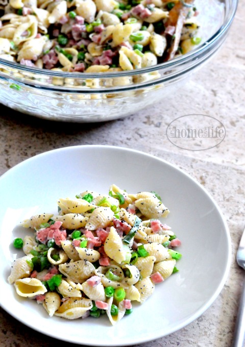 creamy ham and pea pasta salad via www.firsthomelovelife.com