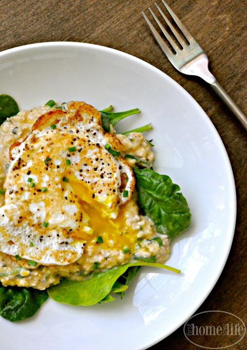 creamy oatmeal with herbs and cheese and a fried egg on top- the perfect easy and healthy breakfast idea via firsthomelovelife.com