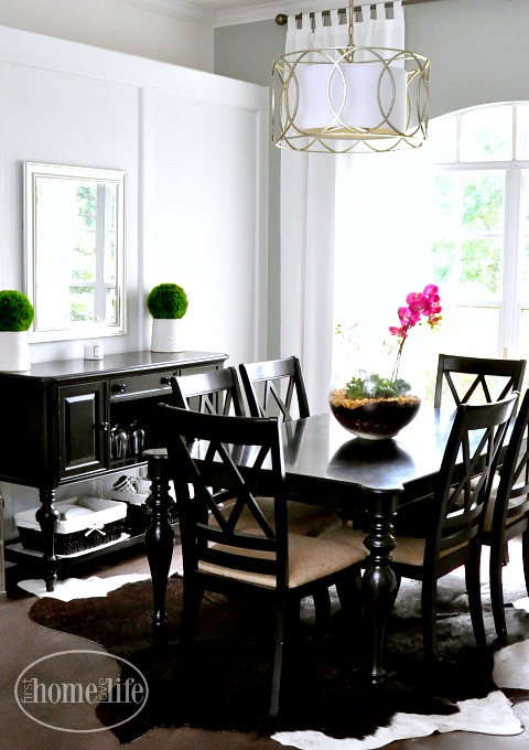 gray black and white dining room via firsthomelovelife.com
