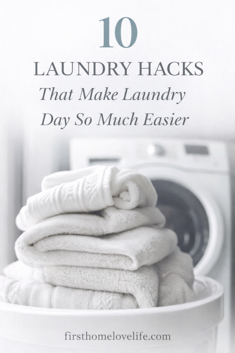 stack of clean white towels in laundry basket with washing machine behind showing 10 laundry hacks that make laundry day easier