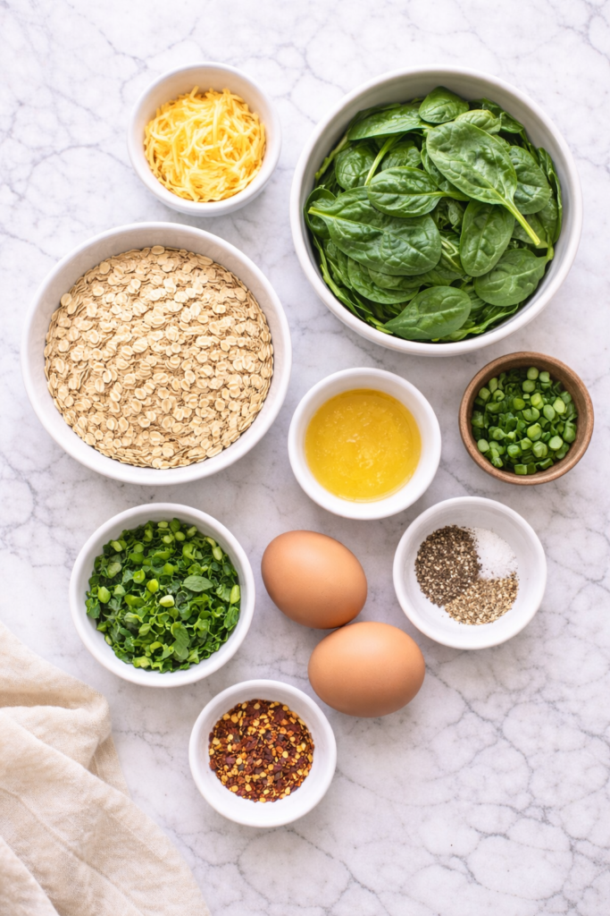 Flat lay of savory oats ingredients including rolled oats, spinach, eggs, cheese, herbs, and seasonings on a marble countertop