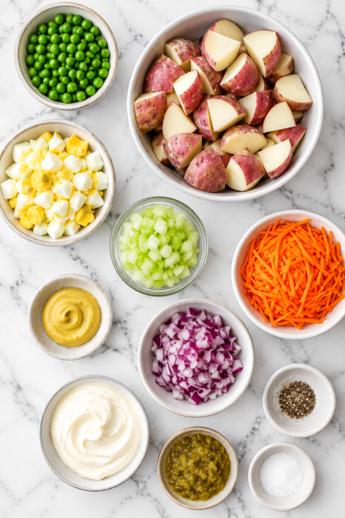 Ingredients for homemade summer potato salad arranged on a marble countertop including red potatoes, eggs, peas, celery, carrots, red onion, mayonnaise, Dijon mustard, relish, salt, and pepper.