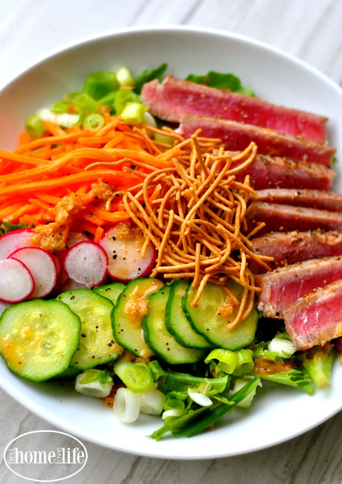 ahi tuna salad with hibatchi ginger dressing via firsthomelovelife.com
