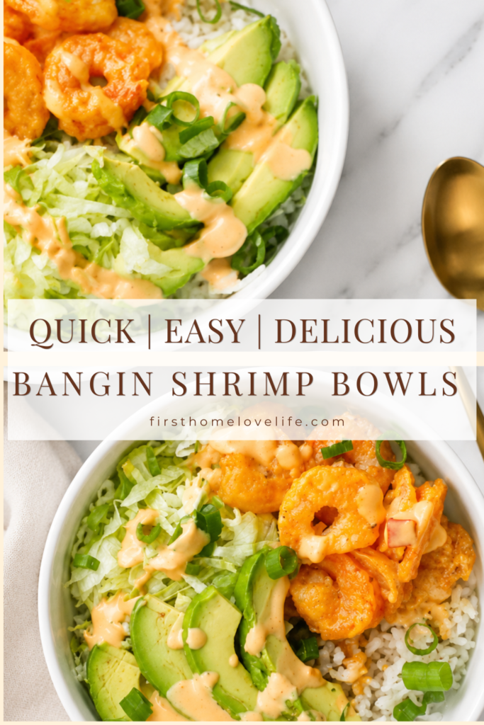 Gold spoon drizzling creamy bang bang sauce over a shrimp rice bowl with avocado, lettuce, and crispy shrimp.
