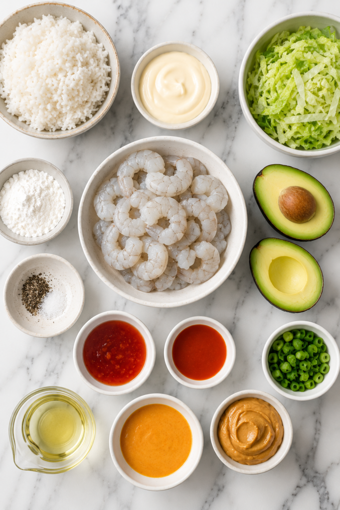 Flat lay of ingredients for Bang Bang Shrimp Bowls including raw shrimp, rice, avocado, lettuce, green onions, mayonnaise, sweet chili sauce, sriracha, peanut butter, and seasonings on a marble countertop.