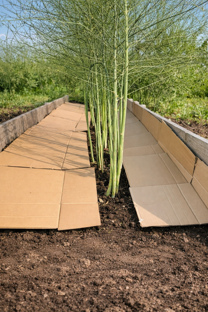 Cardboard mulch placed around asparagus plants in a raised garden bed to suppress weeds naturally.