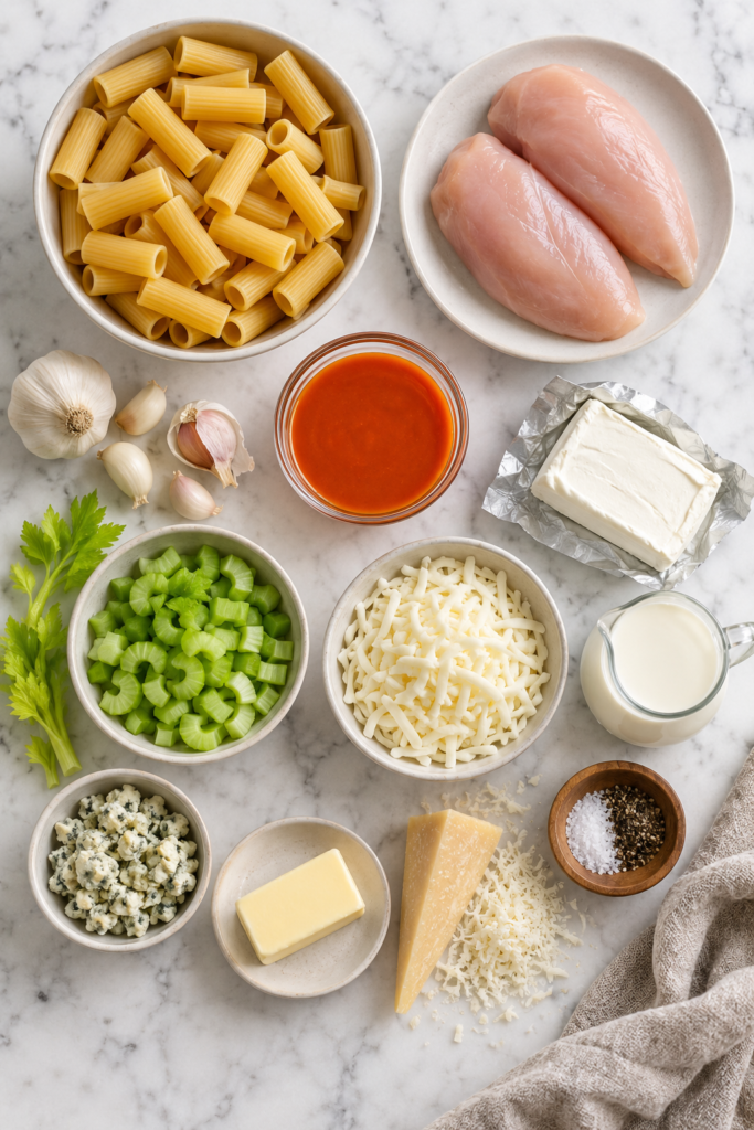 Flat lay of ingredients for creamy garlic Buffalo chicken pasta, including rigatoni, chicken breasts, garlic, Buffalo wing sauce, cream cheese, cream, celery, mozzarella, Parmesan, and blue cheese.