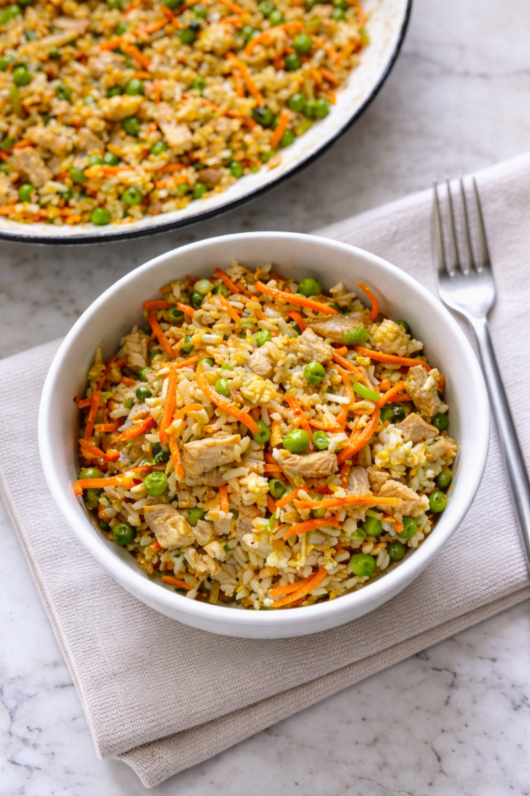 Easy 15 minute pork fried rice served in a white bowl on a neutral linen towel over a marble countertop.
