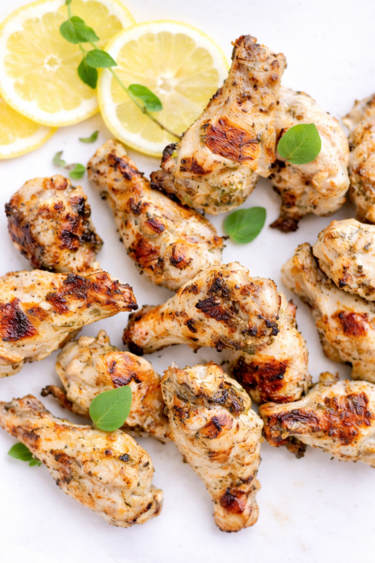 Greek style grilled chicken wings on a white plate with lemon slices and fresh oregano leaves