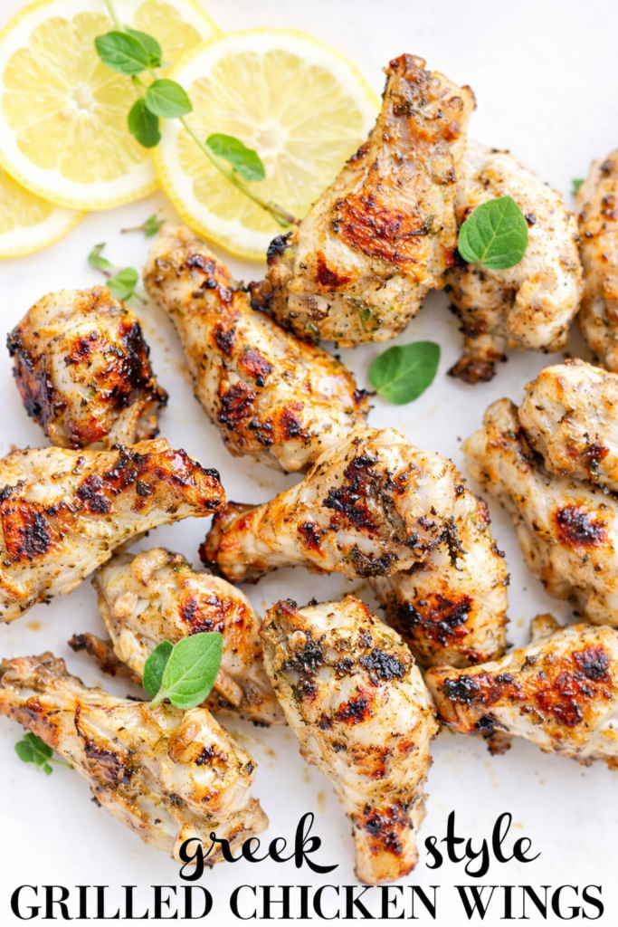 Greek style grilled chicken wings on a white plate with lemon slices and fresh herbs