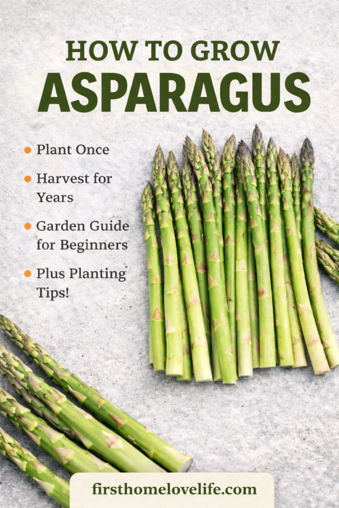 How to grow asparagus Pinterest graphic with fresh asparagus spears and beginner gardening tips.