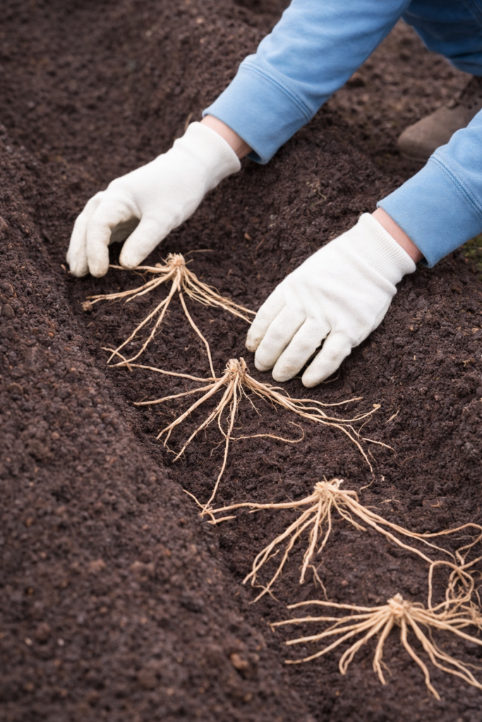 Planting asparagus crowns in a garden trench with soft white gloves and light blue sweater in early spring.