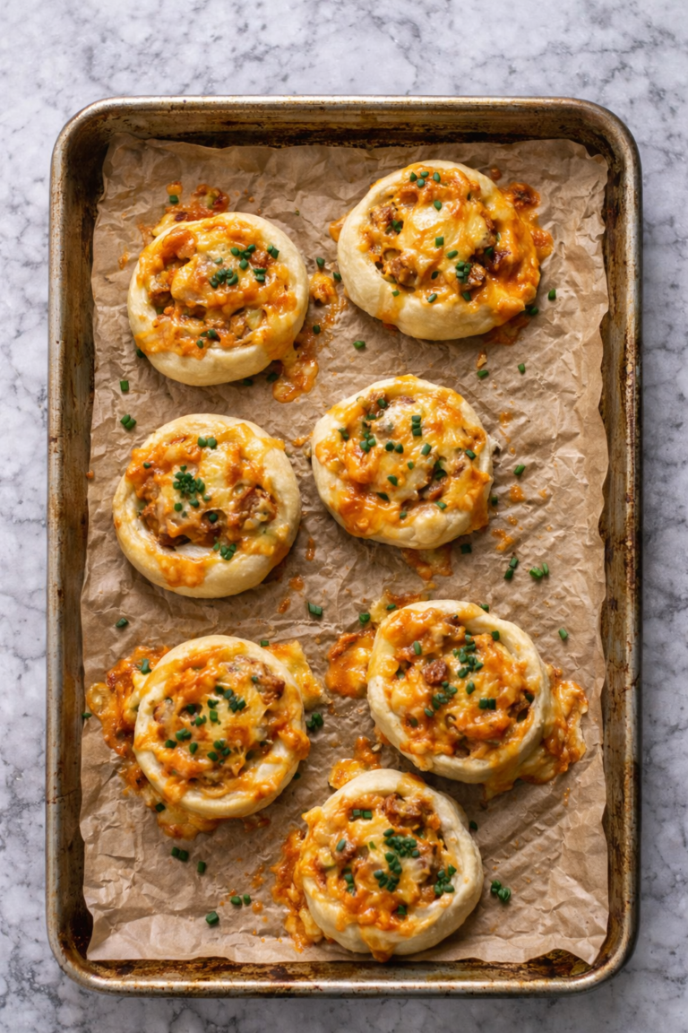 Breakfast burrito buns with melted cheese and chives baked on a parchment-lined baking sheet on a marble countertop