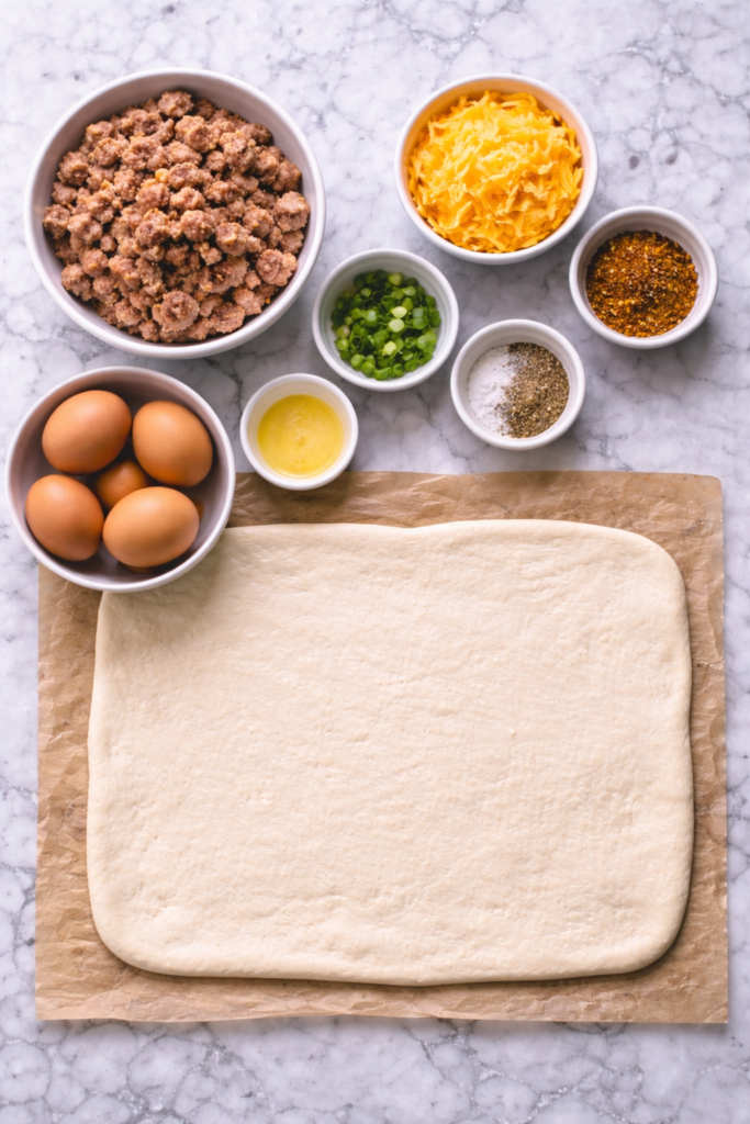 Flat lay of breakfast burrito bun ingredients with sausage, eggs, cheese, and rectangle dough on a marble countertop