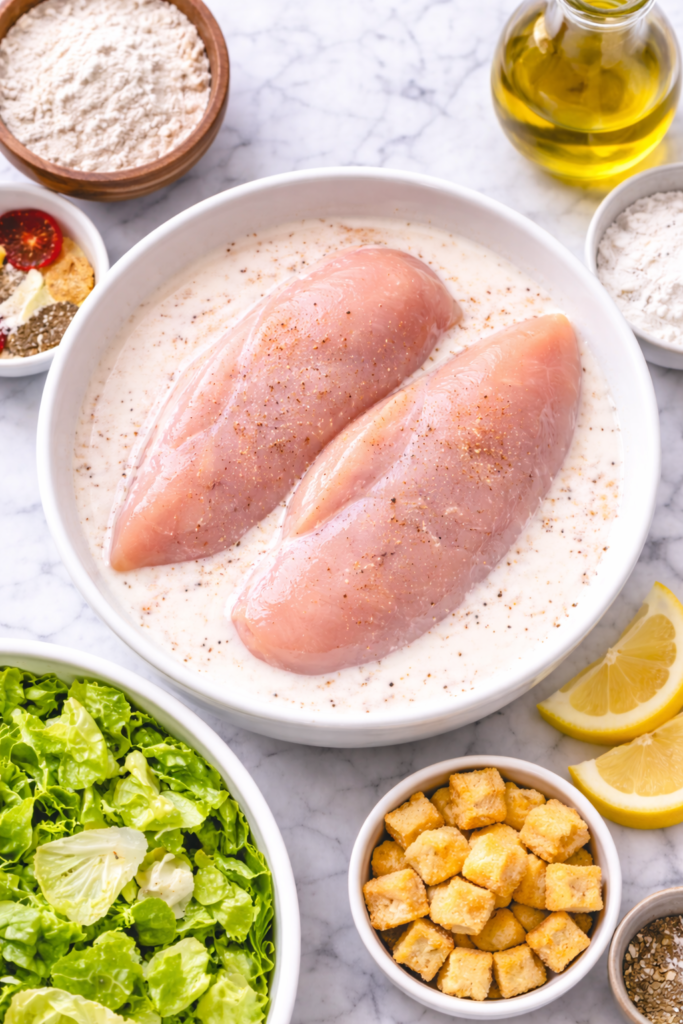 Raw chicken breasts marinating in seasoned buttermilk in a white bowl on a marble counter for spicy chicken Caesar salad