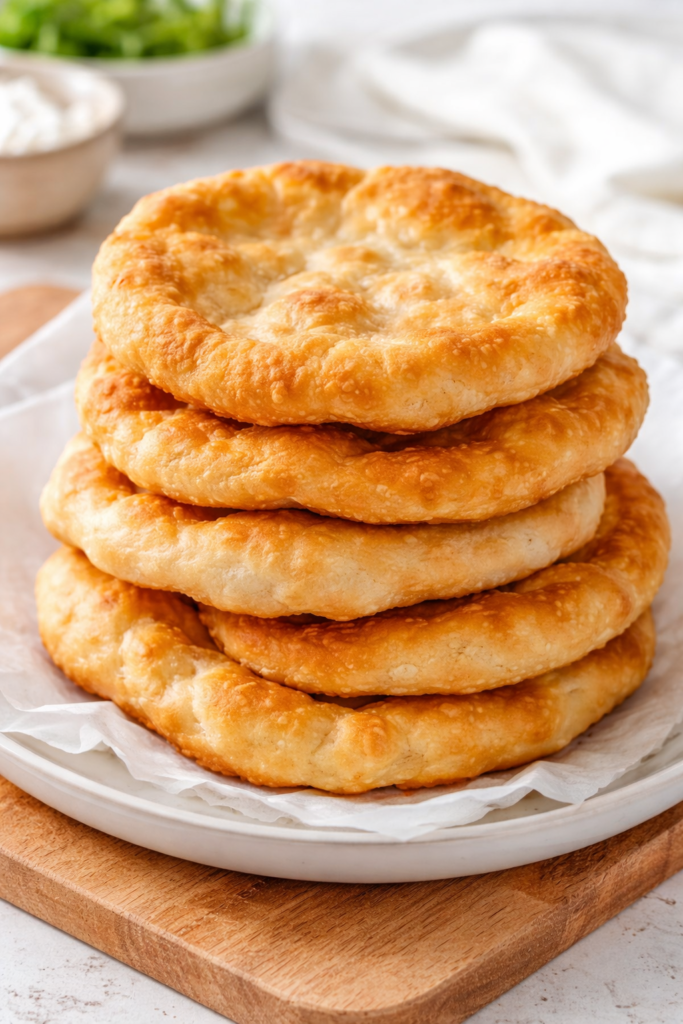 Stack of golden homemade Indian fry breads piled on a white plate in a clean, minimalist kitchen setting.