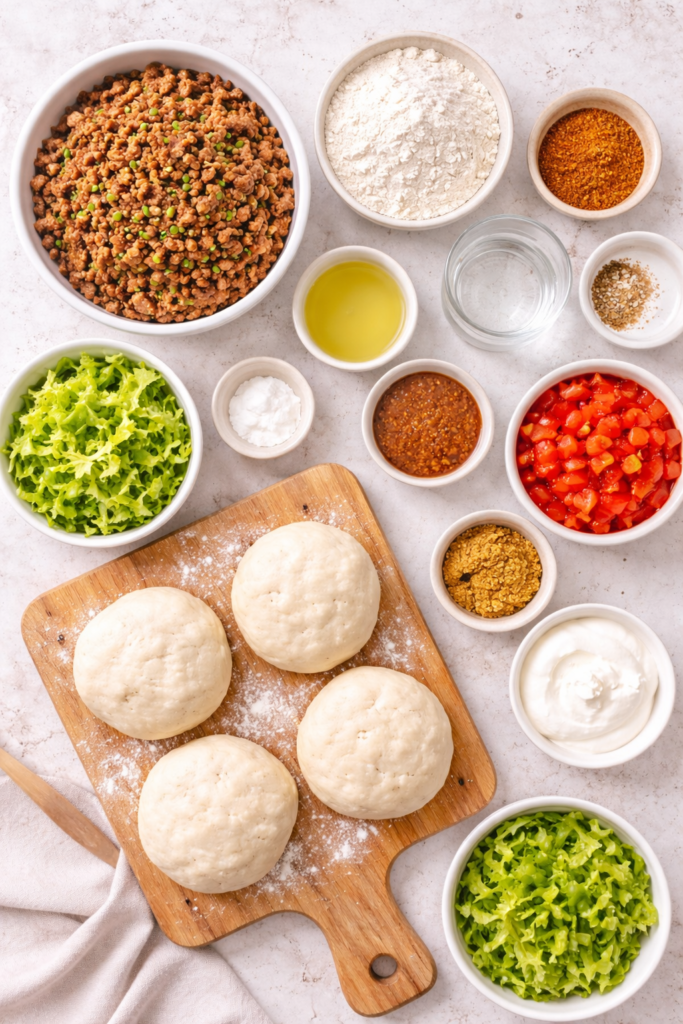 Flat lay of ingredients for Indian fry bread tacos including dough balls, seasoned ground beef, flour, lettuce, tomatoes, taco seasoning, oil, and sour cream on a light background.