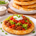 Indian fry bread taco topped with seasoned ground beef, lettuce, tomato, and sour cream, served in front of a stack of golden fry breads.