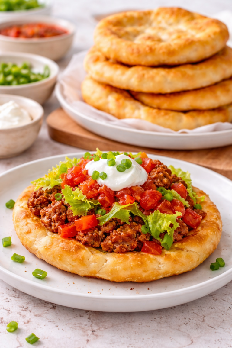 Indian fry bread taco topped with seasoned ground beef, lettuce, tomato, and sour cream, served in front of a stack of golden fry breads.