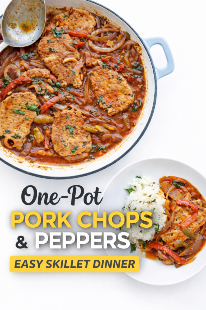One pot pork chops and peppers in white skillet served with rice on clean white background