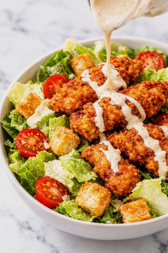 Spicy chicken Caesar salad with crispy fried chicken, romaine lettuce, tomatoes, croutons, and Caesar dressing being poured over the top