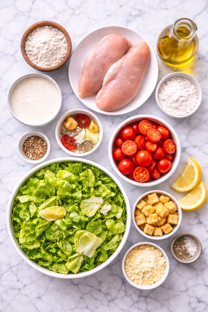 Flat lay of ingredients for spicy chicken Caesar salad including raw chicken breasts, romaine lettuce, cherry tomatoes, croutons, Parmesan cheese, flour, spices, and Caesar dressing on a marble counter