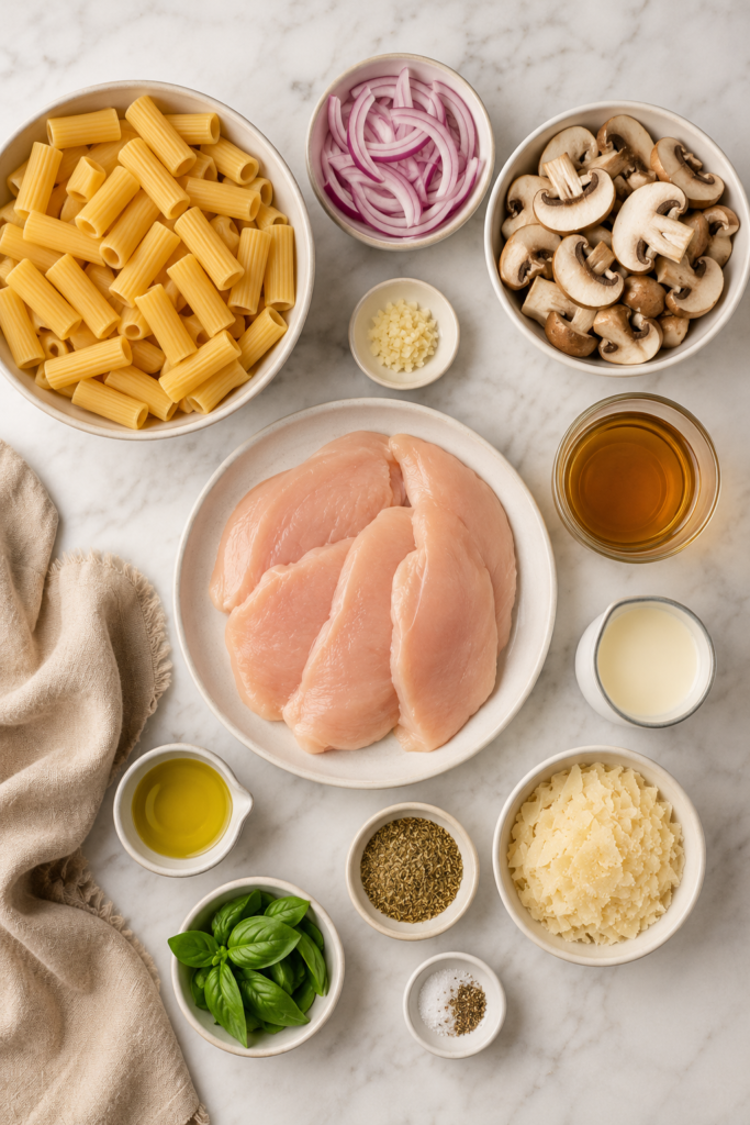 Flat lay of ingredients for creamy chicken Marsala mushroom pasta including rigatoni, chicken breasts, mushrooms, red onion, garlic, Marsala wine, parmesan cheese, basil, and cream on a marble countertop.