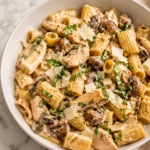 Creamy chicken Marsala mushroom pasta served in a white bowl with rigatoni, tender chicken, mushrooms, parmesan cheese, and a rich Marsala cream sauce on a marble countertop.