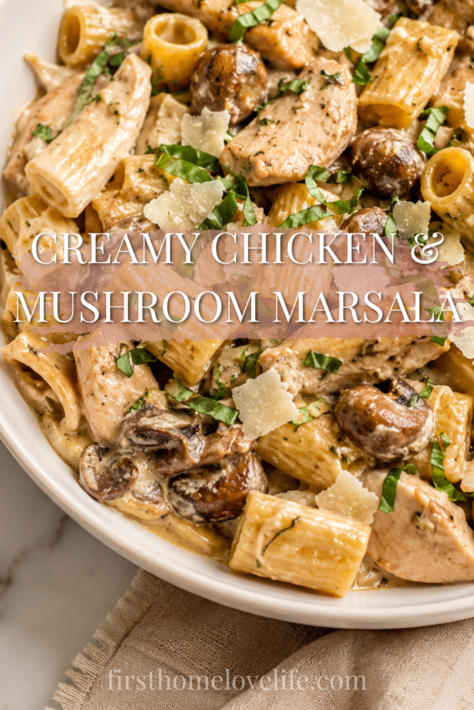 Creamy chicken Marsala mushroom pasta with rigatoni, tender chicken, mushrooms, parmesan cheese, and basil in a rich cream sauce.